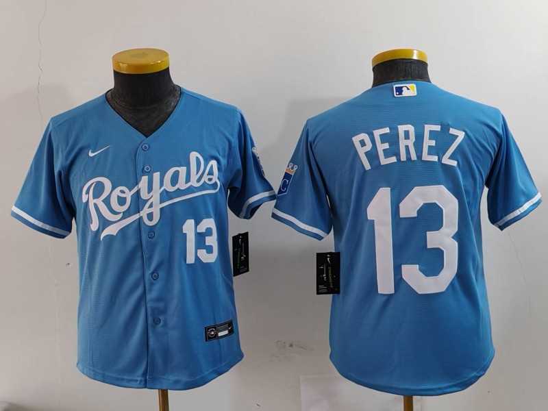 Youth Kansas City Royals #13 Salvador Perez Number Light Blue Cool Base Stitched Jersey->mlb youth jerseys->MLB Jersey